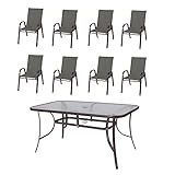 Conjunto de Mesa Rectangular y 8 sillas de jardín apilablesmarrón de Acero, textileno y Cristal. Extra Grande