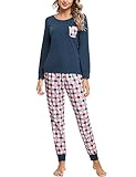 Pijamas Mujer Conjunto de Pijama a Cuadros para Dama Pjs Top Ropa de Dormir Camisa y Pantalones con Bolsillo Manga Larga Soft Lounge Sets Ropa de Cama Loungewear (B# Azul Marino, L)