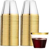 LATERN 60 Piezas Vasos de Plástico con Borde Dorado, 270ml Vasos de Plasticos Bebida Reutilizables Copas de Vino Elegantes para Fiestas para Champán Cerveza Cóctel Martini Soda (8,9 x 7,1cm)